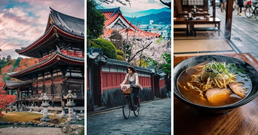Scenic view of Japan with temples, city lights and mountains for budget travel inspiration